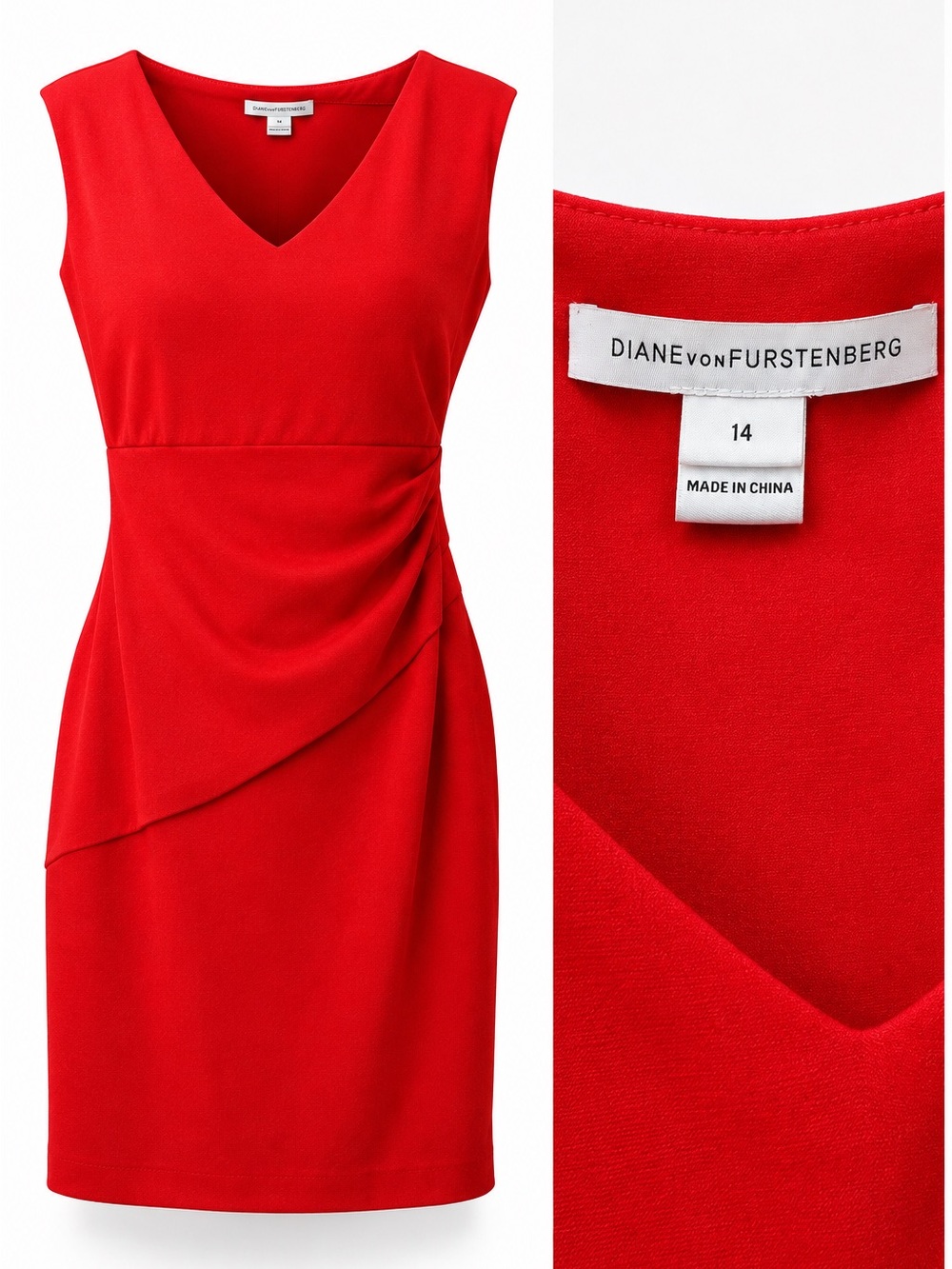 DIANE von FURSTENBERG Bright Red V-Neck Draped Sheath Dress